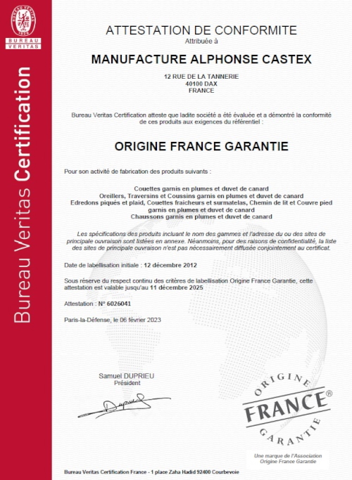 Attestation Origine France Garantie Castex