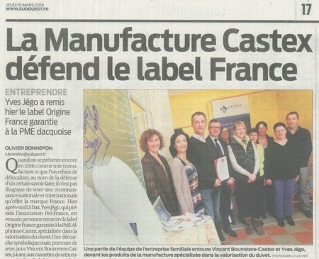 Castex couettes naturelles reçoit le certificat Origine France Garantie